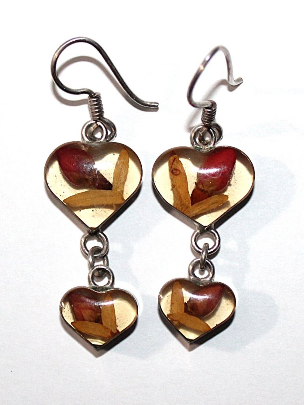 Vintage Sterling Silver dried Flower Heart Shaped Lucite Earrings